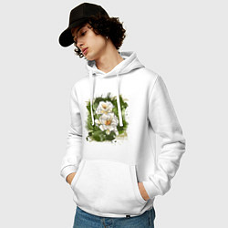 Толстовка-худи хлопковая мужская Нежные белые цветы на зелёном акварельном фоне, цвет: белый — фото 2