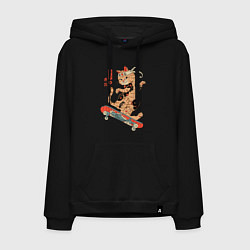 Толстовка-худи хлопковая мужская Кот самурай скейтбордист, цвет: черный