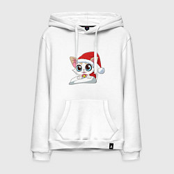 Толстовка-худи хлопковая мужская Милый Санта-Кот, цвет: белый
