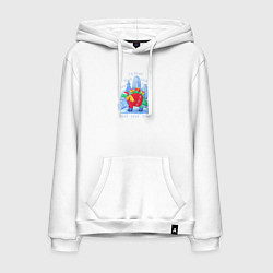 Толстовка-худи хлопковая мужская Динозавр с новогодними подарками поет в лесу, цвет: белый