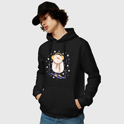 Толстовка-худи хлопковая мужская Снеговик лыжник, цвет: черный — фото 2