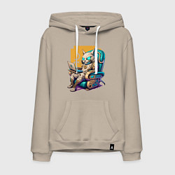Толстовка-худи хлопковая мужская Кот геймер в кресле, цвет: миндальный