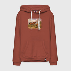 Толстовка-худи хлопковая мужская Две лошади и две собаки, цвет: кирпичный
