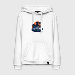 Толстовка-худи хлопковая мужская Порше, пальмы и закат, цвет: белый