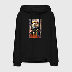Толстовка-худи хлопковая мужская Лев в драной куртке - хиппи, цвет: черный