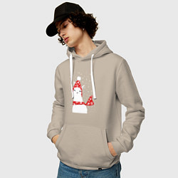 Толстовка-худи хлопковая мужская Лама - альпака в шапочке и шарфе, цвет: миндальный — фото 2