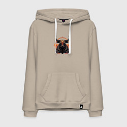 Толстовка-худи хлопковая мужская Дзен-бык с цветами, цвет: миндальный