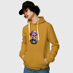 Толстовка-худи хлопковая мужская Скелет в фиолетовой шляпе, цвет: горчичный — фото 2