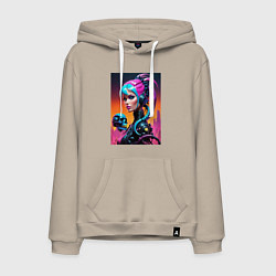 Толстовка-худи хлопковая мужская Девушка в стиле киберпанк с черепом - нейросеть, цвет: миндальный