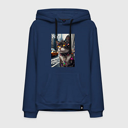 Толстовка-худи хлопковая мужская Пирсинг Нью-Йоркского кота - нейросеть, цвет: тёмно-синий