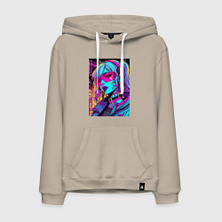 Толстовка-худи хлопковая мужская Кибер девчонка в розовых очках - нейроарт, цвет: миндальный