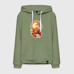 Толстовка-худи хлопковая мужская Лиса и солнце в японском стиле, цвет: авокадо