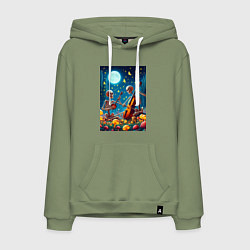 Толстовка-худи хлопковая мужская Два скелета музицируют под луной, цвет: авокадо