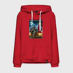 Толстовка-худи хлопковая мужская Разговор Бэтмена и человека паука на капоте автомо, цвет: красный