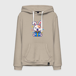 Толстовка-худи хлопковая мужская Радостный зайчик с подарком, цвет: миндальный