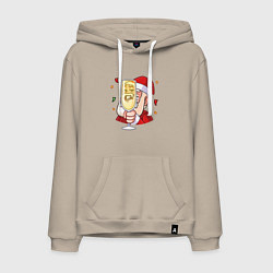 Толстовка-худи хлопковая мужская Счастливый дед мороз с шампанским, цвет: миндальный