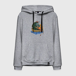 Толстовка-худи хлопковая мужская Увлеченная рыба-рыбак ловит рыбу удочкой, цвет: меланж