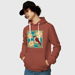 Толстовка-худи хлопковая мужская Воробей на ветке яблони, цвет: кирпичный — фото 2