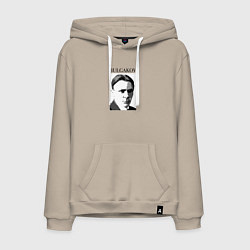 Толстовка-худи хлопковая мужская Михаил Булгаков портрет в черно-белом, цвет: миндальный