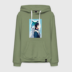 Толстовка-худи хлопковая мужская Мечтательная девчонка и волк - нейроарт, цвет: авокадо
