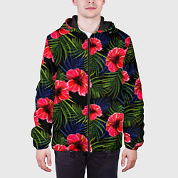 Куртка с капюшоном мужская Тропические цветы и листья, цвет: 3D-черный — фото 2