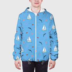 Куртка с капюшоном мужская Море, дельфины, парусник, цвет: 3D-белый — фото 2