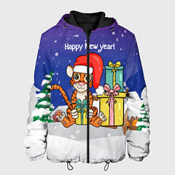 Куртка с капюшоном мужская Новый год 2022 - Тигр с подарками, цвет: 3D-черный