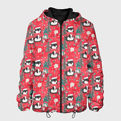 Куртка с капюшоном мужская Пингвины красный паттерн, цвет: 3D-черный