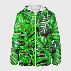 Куртка с капюшоном мужская Тропические листья на темном фоне, цвет: 3D-белый