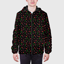 Куртка с капюшоном мужская Тюльпаны, сердечки , бабочки на черном, цвет: 3D-черный — фото 2