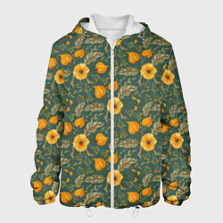 Куртка с капюшоном мужская Желтые цветочки и листья, цвет: 3D-белый
