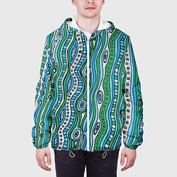 Куртка с капюшоном мужская Разноцветная абстракция в стиле дудл Волны, линии,, цвет: 3D-белый — фото 2