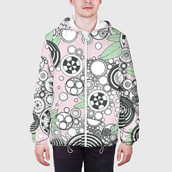 Куртка с капюшоном мужская Абстрактные черно-белые круги в зелёных листьях, цвет: 3D-белый — фото 2