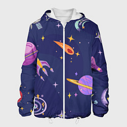 Куртка с капюшоном мужская Космический дизайн с планетами, звёздами и ракетам, цвет: 3D-белый