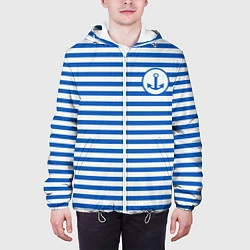 Куртка с капюшоном мужская Морская тельняшка - бело-синие полосы и якорь, цвет: 3D-белый — фото 2