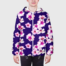 Куртка с капюшоном мужская Цветы Розовые Гибискус На Синем Фоне, цвет: 3D-белый — фото 2