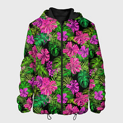 Мужская куртка Тропические листья и цветы на черном фоне
