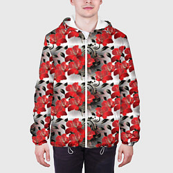 Куртка с капюшоном мужская Красные абстрактные цветы, цвет: 3D-белый — фото 2