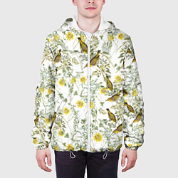 Куртка с капюшоном мужская Цветы Жёлтые С Птицами, цвет: 3D-белый — фото 2
