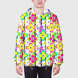 Куртка с капюшоном мужская Цветочный ретро узор в неоновых тонах, цвет: 3D-белый — фото 2