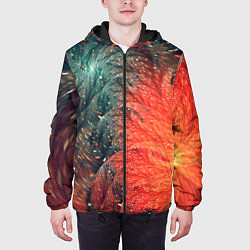 Куртка с капюшоном мужская Зеленые и оранжевые завихрения, цвет: 3D-черный — фото 2