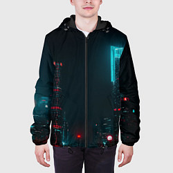 Куртка с капюшоном мужская Неоновые высотки в городе - Светло-синий, цвет: 3D-черный — фото 2