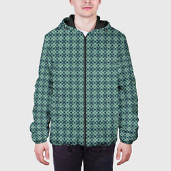 Куртка с капюшоном мужская Мелкий бирюзовый клетчатый узор, цвет: 3D-черный — фото 2