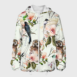 Куртка с капюшоном мужская Цветы Нарисованные Магнолии и Птицы, цвет: 3D-белый