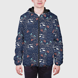 Куртка с капюшоном мужская Мелкие цветочки на синем паттерн, цвет: 3D-черный — фото 2