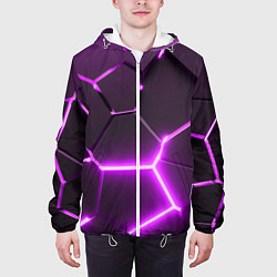 Куртка с капюшоном мужская Фиолетовые неоновые геометрические плиты, цвет: 3D-белый — фото 2