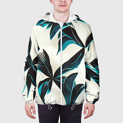 Куртка с капюшоном мужская Листья тропические тёмно-синие, цвет: 3D-белый — фото 2