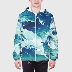 Куртка с капюшоном мужская Несущиеся морские волны, цвет: 3D-белый — фото 2