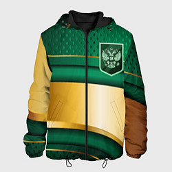 Куртка с капюшоном мужская Герб России на зеленой абстракции, цвет: 3D-черный