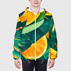 Куртка с капюшоном мужская Листья монстеры и дольки апельсинов, цвет: 3D-белый — фото 2